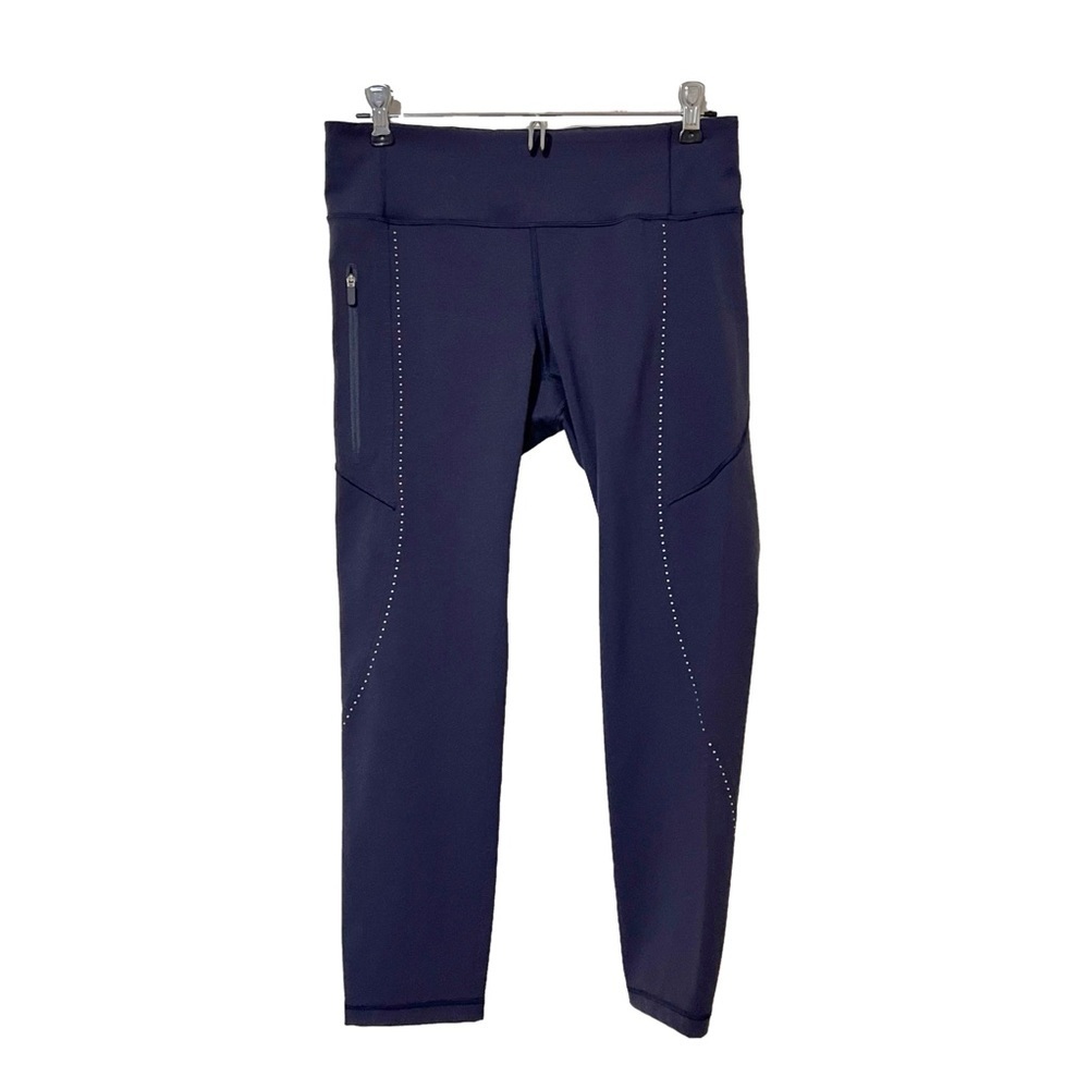Lululemon Dark Navy Cropped Mid Rise Leggings Reflective Zippered Pockets - Sz 8